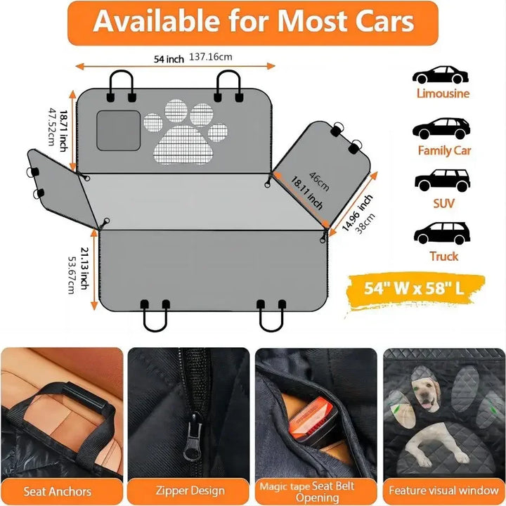 Waterproof Dog Car Seat Cover | Back Seat Hammock Protector | Mesh Window for Visibility | Side Zipper for Easy Access | Car Travel Accessories