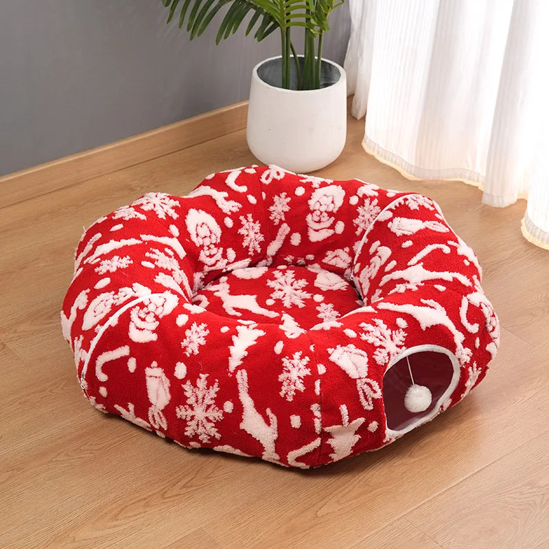 Christmas Round Cat Tunnel Bed for Cats | Plush Donut Pet House |  Winter Sleeping Cave with Interactive Breather Hole