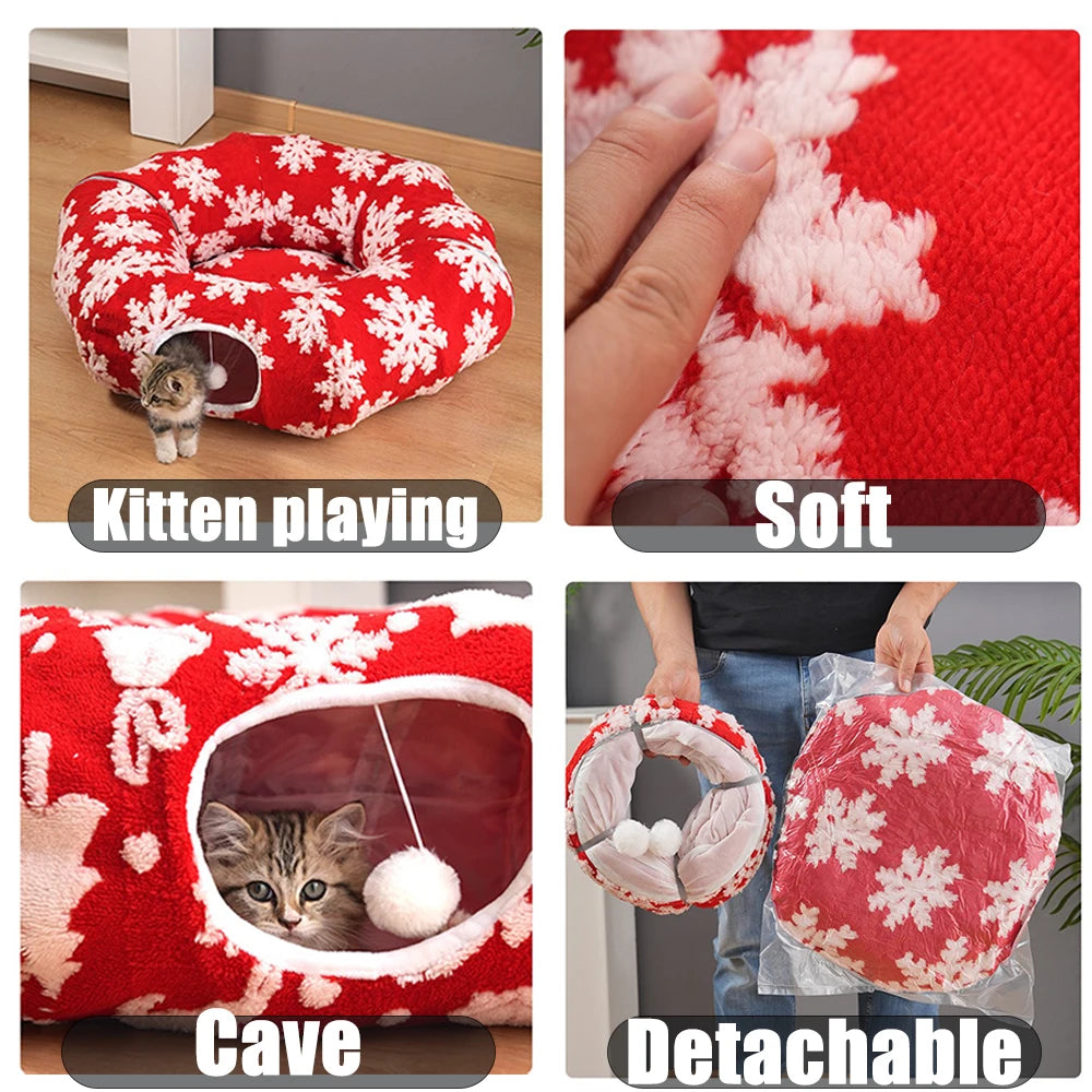 Christmas Round Cat Tunnel Bed for Cats | Plush Donut Pet House |  Winter Sleeping Cave with Interactive Breather Hole