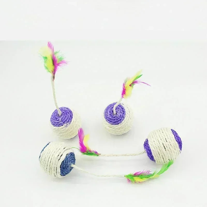 Sisal Rope Ball Cat Toy | Interactive Feather Toy for Kittens & Cats | Scratch Training Woven Ball | Durable Natural Sisal Material