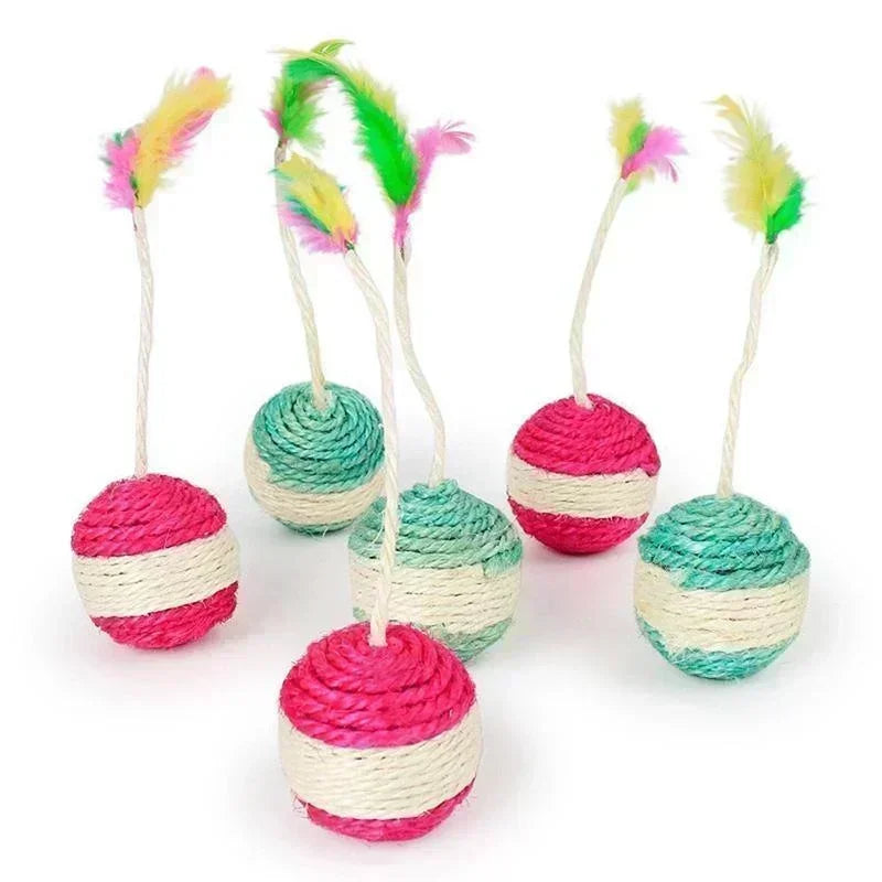 Sisal Rope Ball Cat Toy | Interactive Feather Toy for Kittens & Cats | Scratch Training Woven Ball | Durable Natural Sisal Material