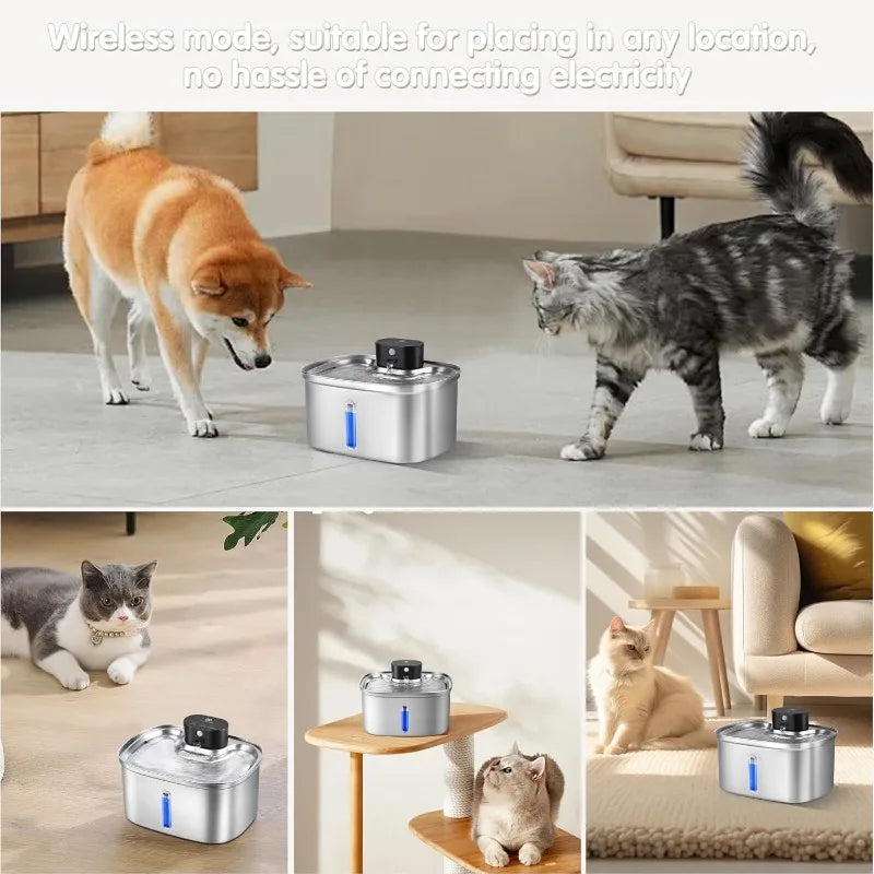 3.2L Stainless Steel Cat Water Fountain | Automatic Pet Drinking Bowl | 5000mAh Battery Powered Water Dispenser | Smart Sensor Cat & Dog Fountain | Quiet Pump Multi-Pet Feeder