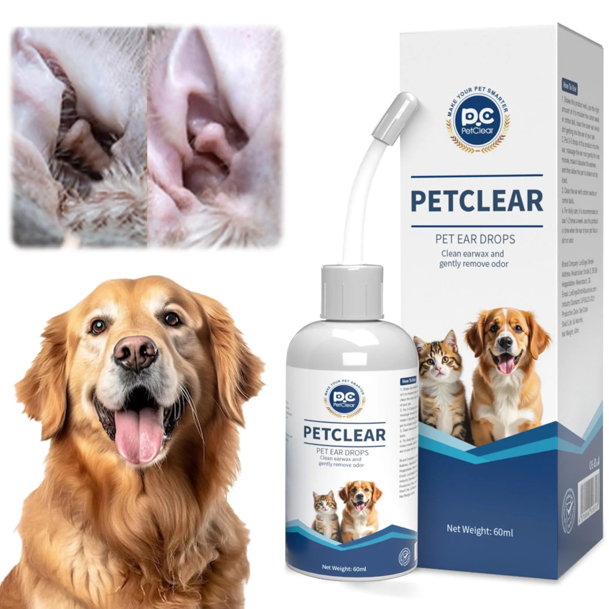 Pet Ear Cleaner | Dog & Cat Ear Drops 60ml | Removes Wax Odor & Mites | Prevents Ear Itch & Otitis | Safe for Daily Use