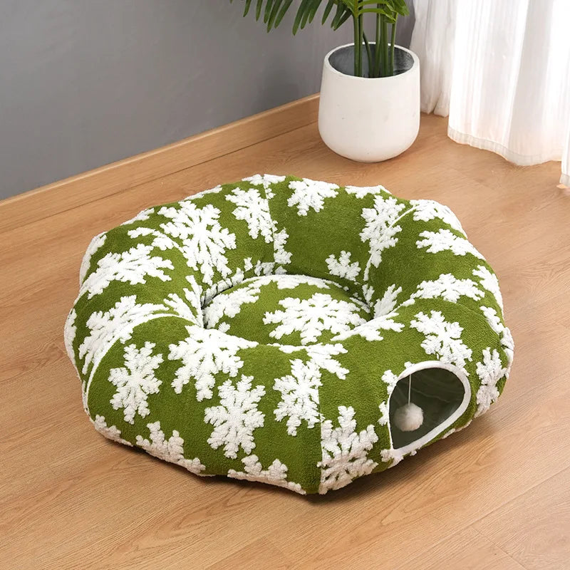 Christmas Round Cat Tunnel Bed for Cats | Plush Donut Pet House |  Winter Sleeping Cave with Interactive Breather Hole