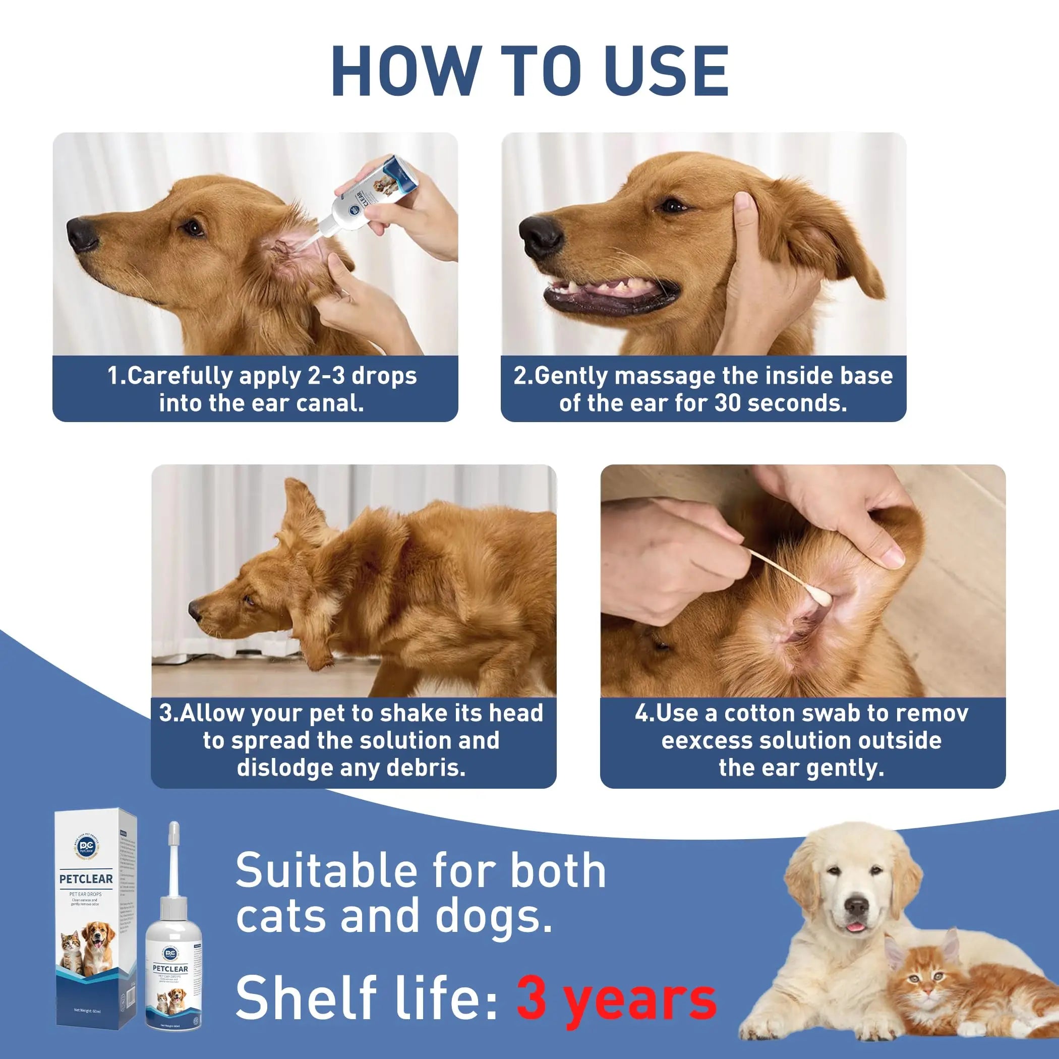 Pet Ear Cleaner | Dog & Cat Ear Drops 60ml | Removes Wax Odor & Mites | Prevents Ear Itch & Otitis | Safe for Daily Use
