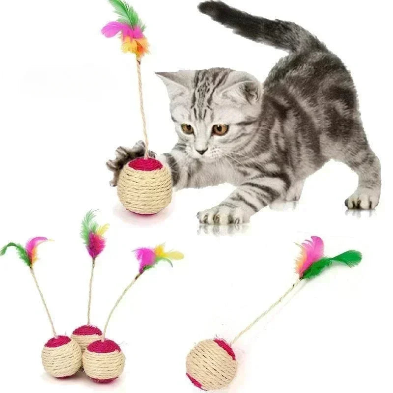 Sisal Rope Ball Cat Toy | Interactive Feather Toy for Kittens & Cats | Scratch Training Woven Ball | Durable Natural Sisal Material