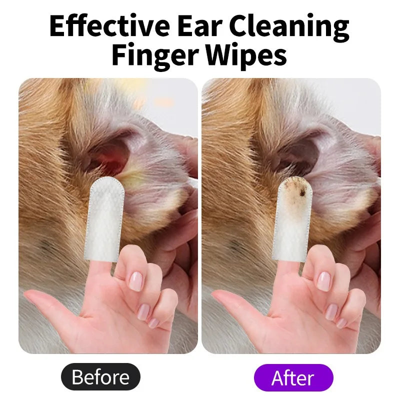 Pet Ear Cleaning Wipes | Dog Cat Ear Care Pads | Ear Mite Removal | Fingertip Cleaning Wipes | Wax and Odor Remover | Pet Grooming Ear Cleaner