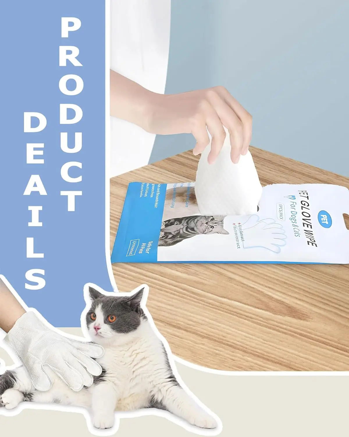 Pet Cleaning Wipes Gloves | Dog and Cat Bathing Wipes | Deodorizing Grooming Wipes for Paws Body and Butt | Daily Pet Hygiene Care