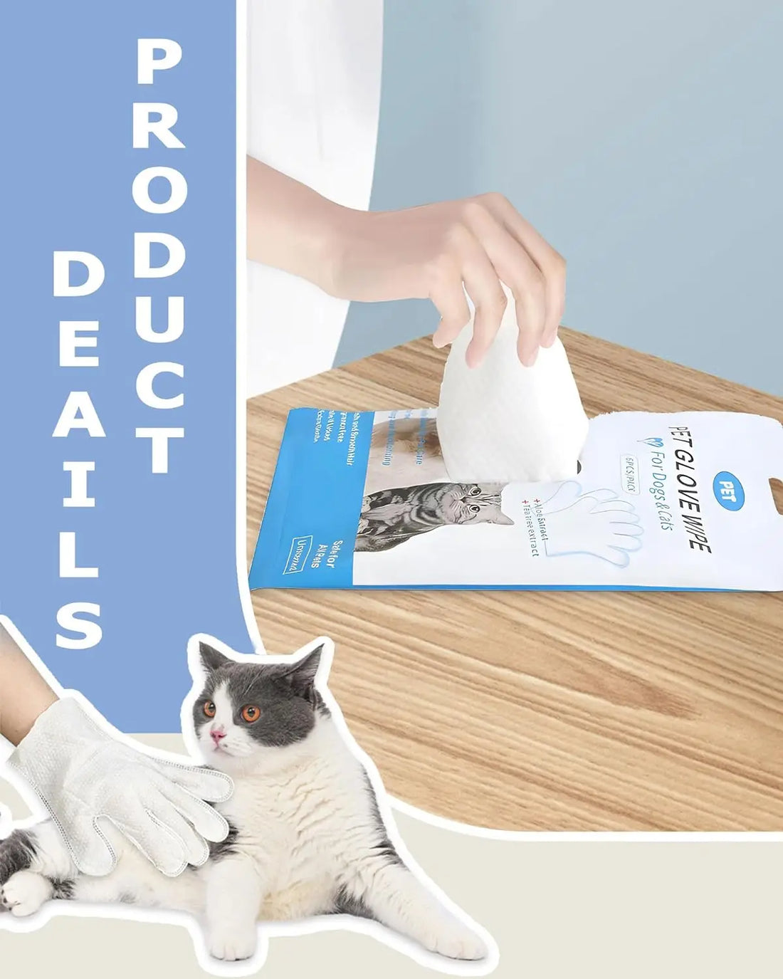 Pet Cleaning Wipes Gloves | Dog and Cat Bathing Wipes | Deodorizing Grooming Wipes for Paws Body and Butt | Daily Pet Hygiene Care