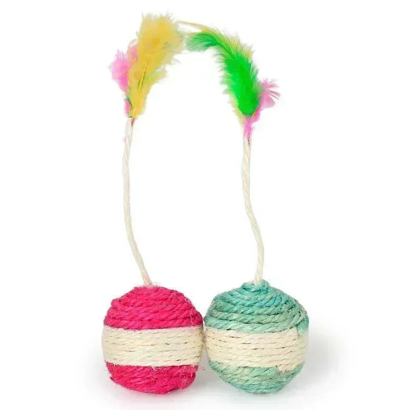 Sisal Rope Ball Cat Toy | Interactive Feather Toy for Kittens & Cats | Scratch Training Woven Ball | Durable Natural Sisal Material