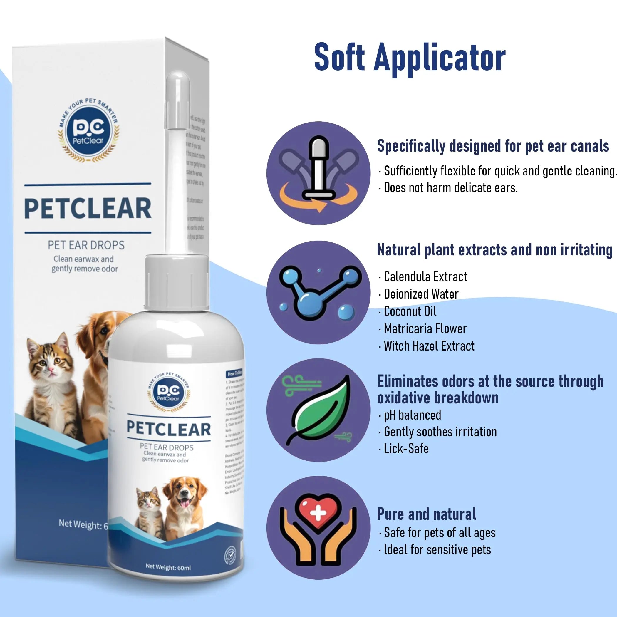 Pet Ear Cleaner | Dog & Cat Ear Drops 60ml | Removes Wax Odor & Mites | Prevents Ear Itch & Otitis | Safe for Daily Use