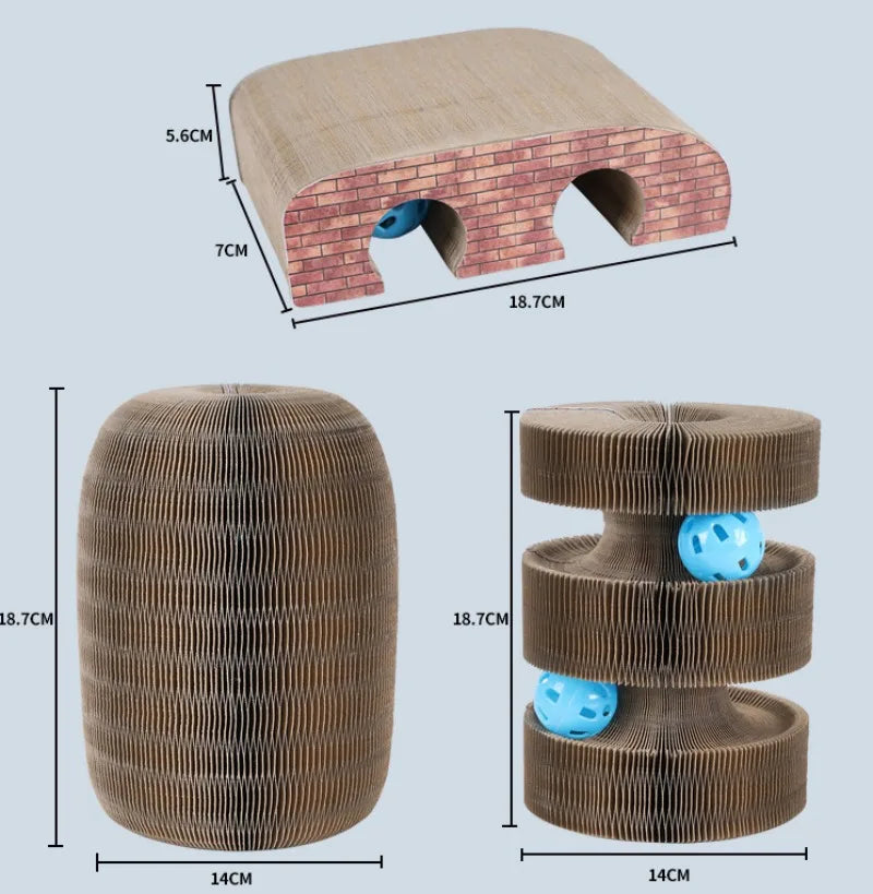 Cat Scratch Board Toy with Bell | Foldable Accordion Cat Scratcher | Recyclable Corrugated Paper Cat Toy | Interactive Climbing Frame for Kittens | Cat Furniture Protector