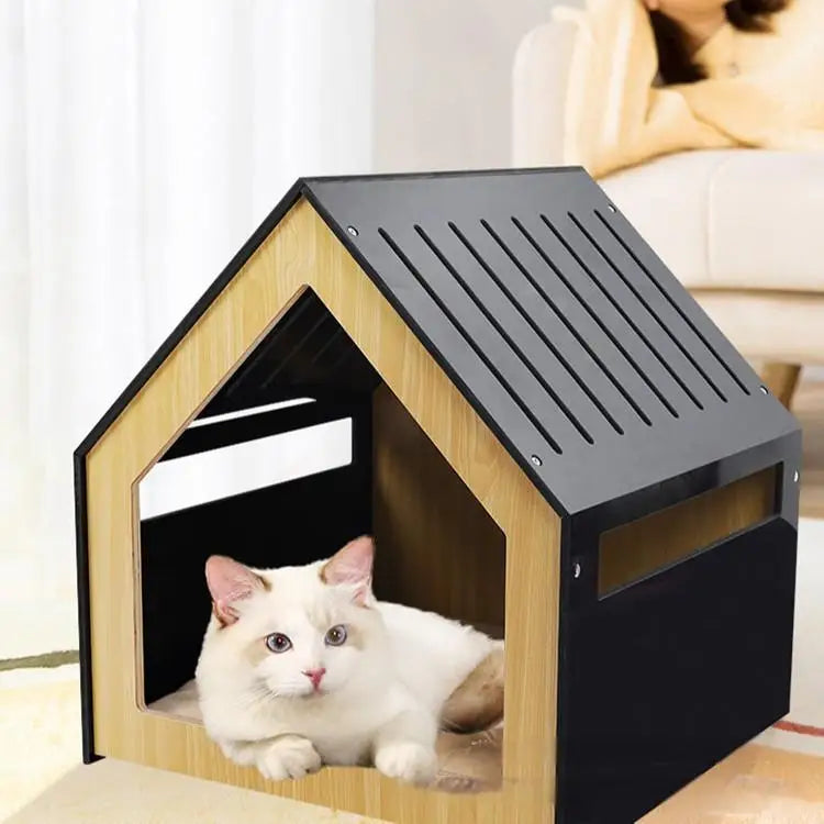 Luxury Solid Wood Dog Bed | Eco-Friendly Pet Cage with Printed Pattern | Horizontal Sliding Door | Modern Triangle Design Pet House