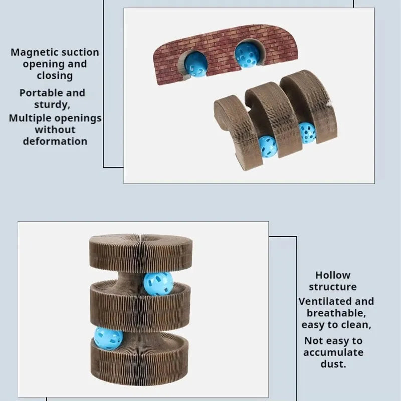 Cat Scratch Board Toy with Bell | Foldable Accordion Cat Scratcher | Recyclable Corrugated Paper Cat Toy | Interactive Climbing Frame for Kittens | Cat Furniture Protector