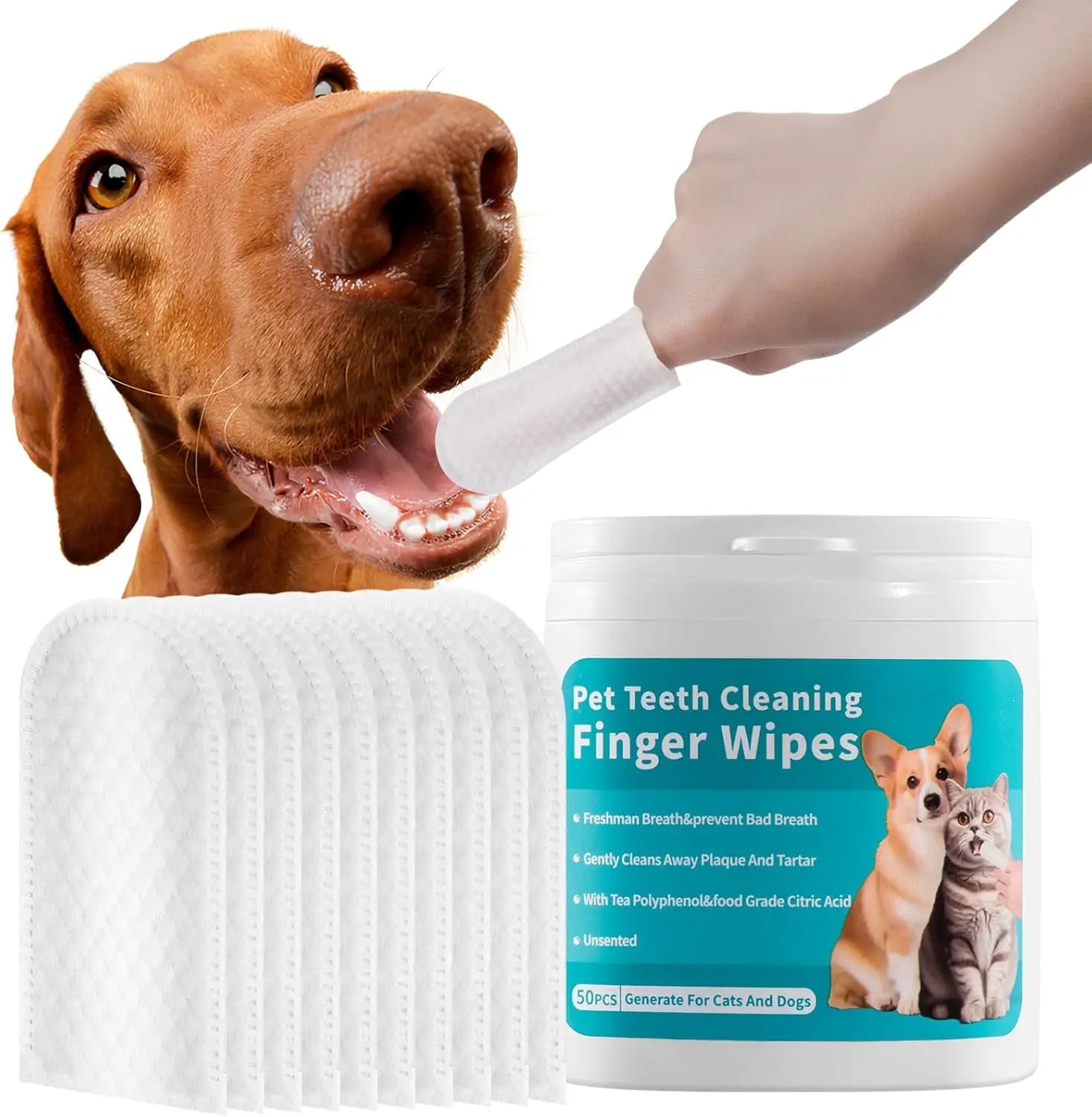 Pet Dental Finger Wipes | Disposable Teeth Cleaning Pads for Dogs & Cats | Freshens Breath | Removes Plaque & Tartar | Gentle Oral Care for Pets
