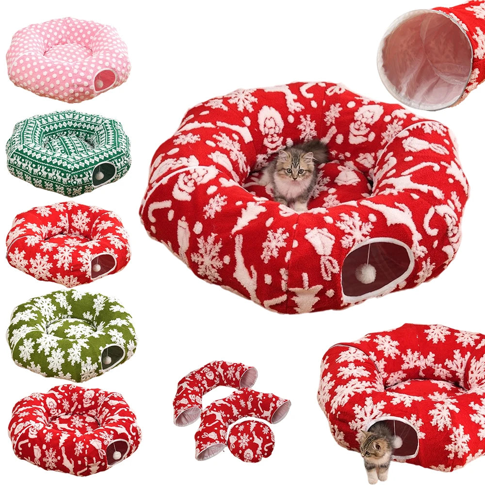 Christmas Round Cat Tunnel Bed for Cats | Plush Donut Pet House |  Winter Sleeping Cave with Interactive Breather Hole