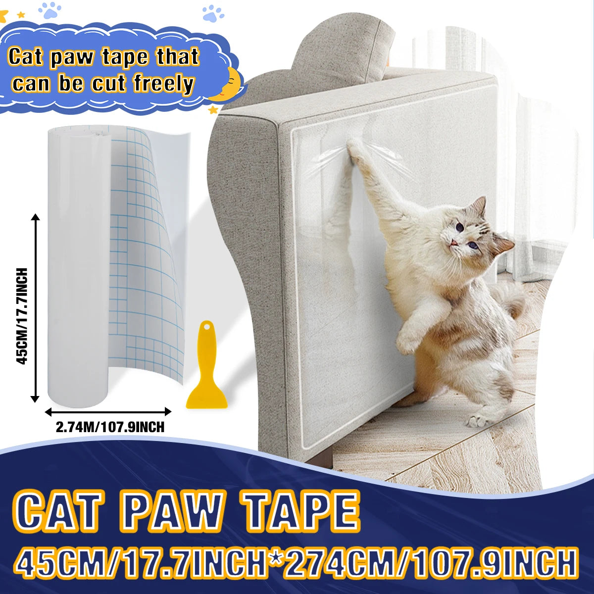 Cat Scratch Deterrent Tape | Transparent Self-Adhesive Furniture Protectors | Pet Training Tape for Sofa & Furniture | Easy to Apply
