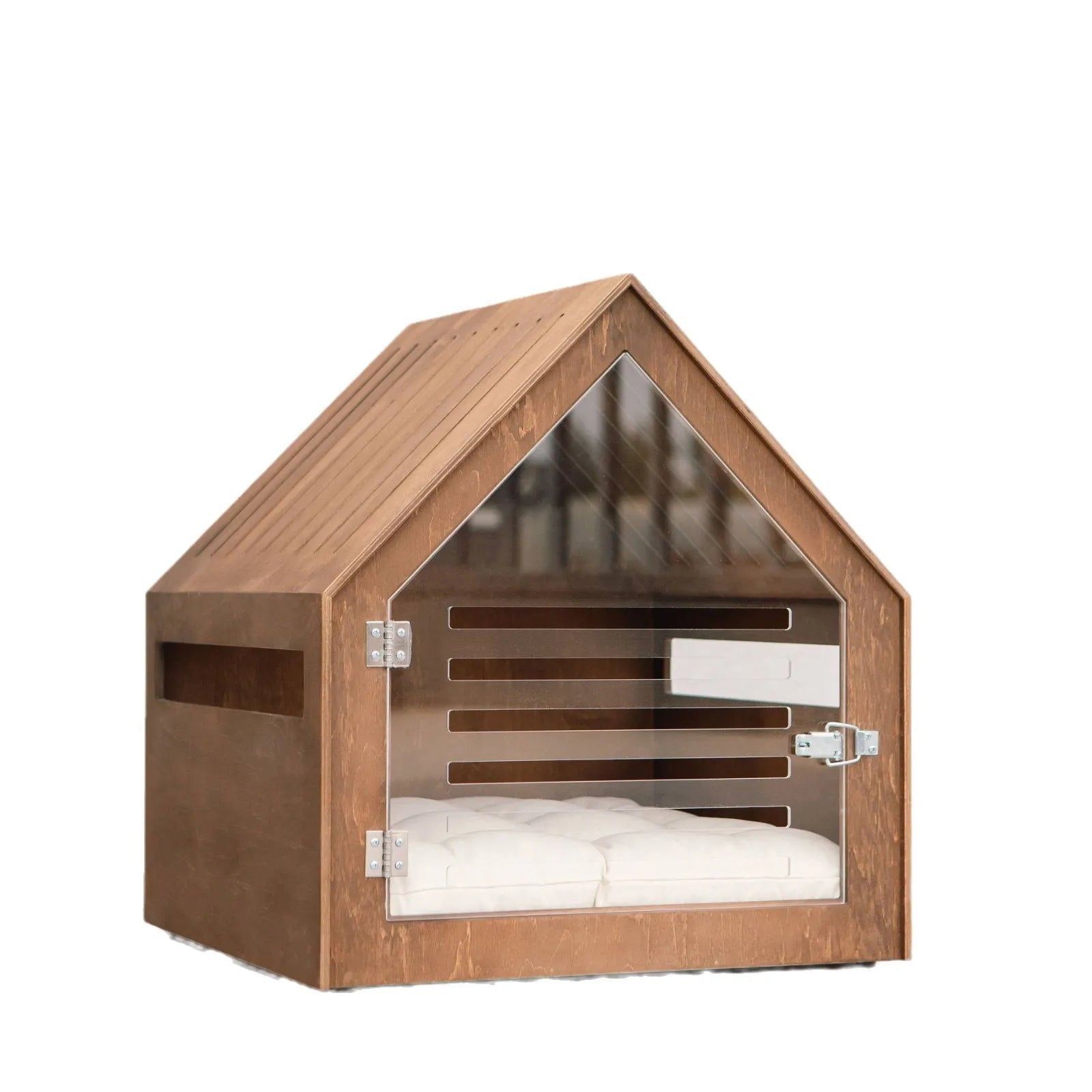 Luxury Solid Wood Dog Bed | Eco-Friendly Pet Cage with Printed Pattern | Horizontal Sliding Door | Modern Triangle Design Pet House