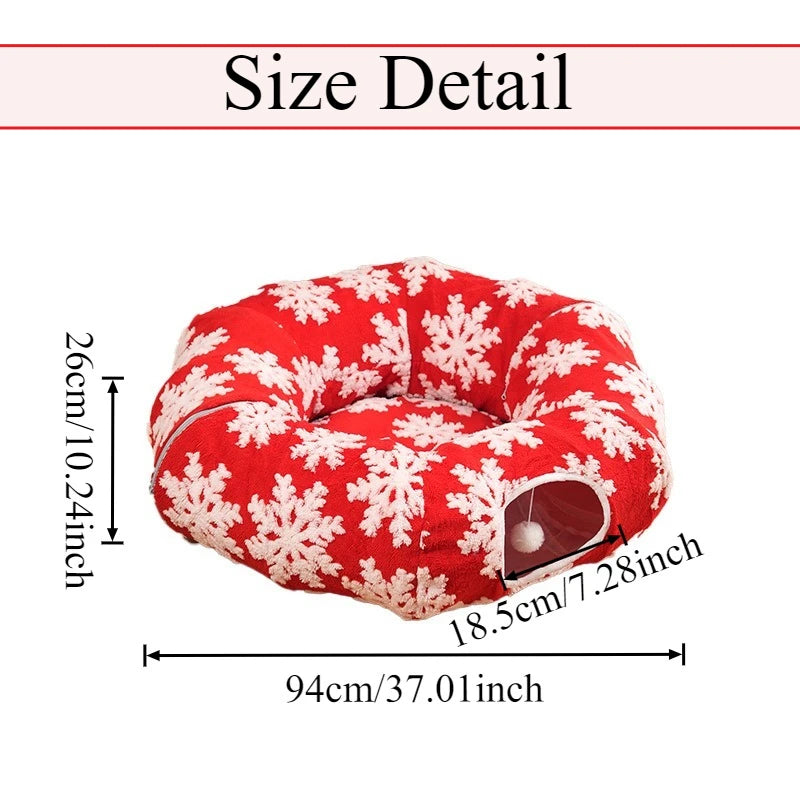 Christmas Round Cat Tunnel Bed for Cats | Plush Donut Pet House |  Winter Sleeping Cave with Interactive Breather Hole