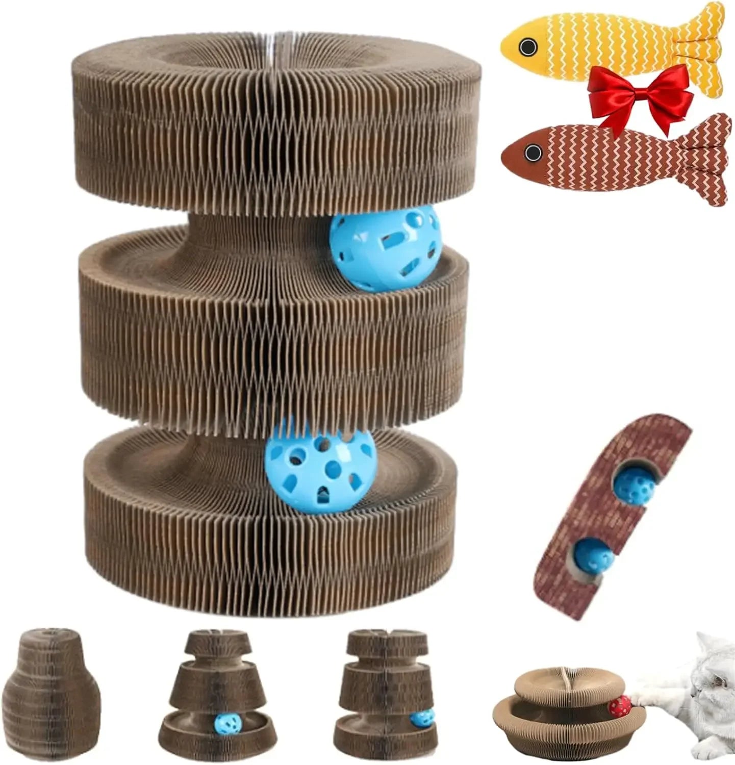 Cat Scratch Board Toy with Bell | Foldable Accordion Cat Scratcher | Recyclable Corrugated Paper Cat Toy | Interactive Climbing Frame for Kittens | Cat Furniture Protector