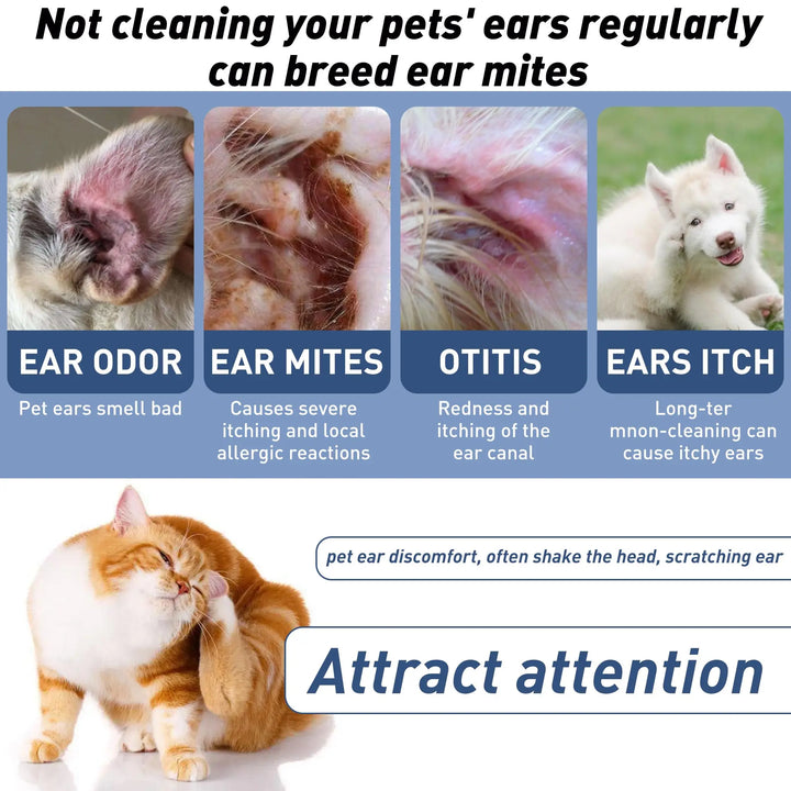 Pet Ear Cleaner | Dog & Cat Ear Drops 60ml | Removes Wax Odor & Mites | Prevents Ear Itch & Otitis | Safe for Daily Use
