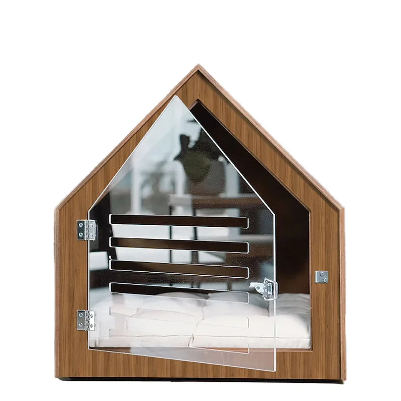 Luxury Solid Wood Dog Bed | Eco-Friendly Pet Cage with Printed Pattern | Horizontal Sliding Door | Modern Triangle Design Pet House