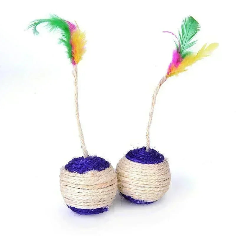 Sisal Rope Ball Cat Toy | Interactive Feather Toy for Kittens & Cats | Scratch Training Woven Ball | Durable Natural Sisal Material