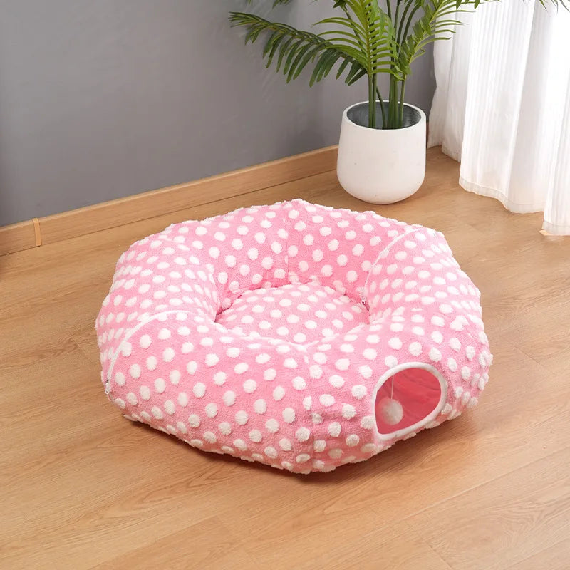 Christmas Round Cat Tunnel Bed for Cats | Plush Donut Pet House |  Winter Sleeping Cave with Interactive Breather Hole