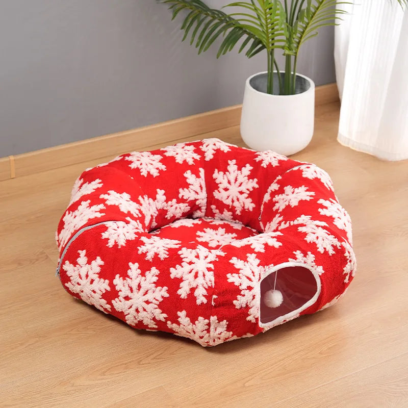 Christmas Round Cat Tunnel Bed for Cats | Plush Donut Pet House |  Winter Sleeping Cave with Interactive Breather Hole
