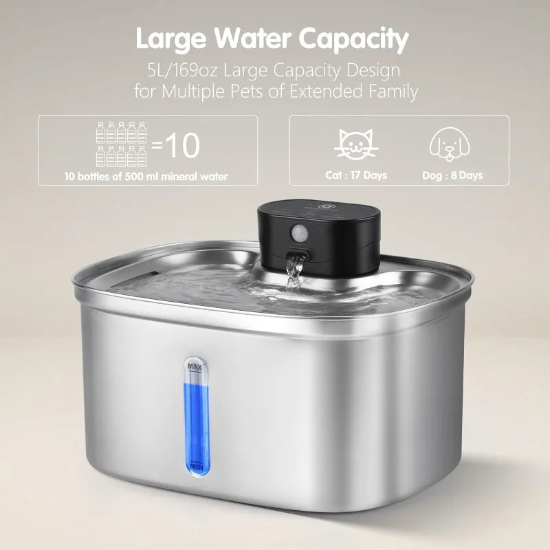 3.2L Stainless Steel Cat Water Fountain | Automatic Pet Drinking Bowl | 5000mAh Battery Powered Water Dispenser | Smart Sensor Cat & Dog Fountain | Quiet Pump Multi-Pet Feeder