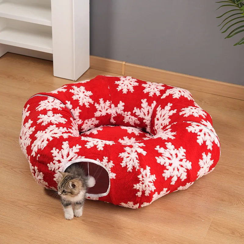 Christmas Round Cat Tunnel Bed for Cats | Plush Donut Pet House |  Winter Sleeping Cave with Interactive Breather Hole