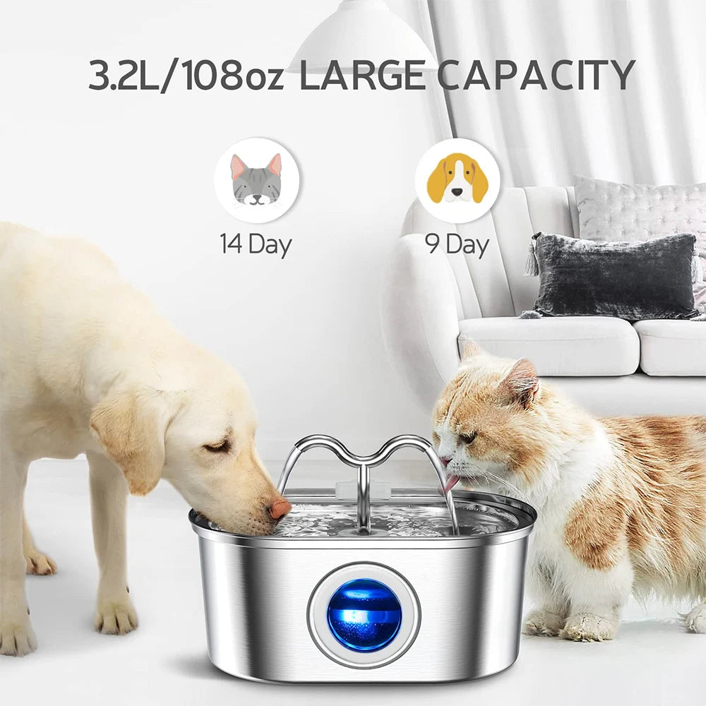 Stainless Steel Automatic Pet Drinking Fountain | Ultra-Quiet Cat Dog Water Dispenser | Rechargeable Pet Fountain with Viewing Window | Hydration for Cats and Dogs
