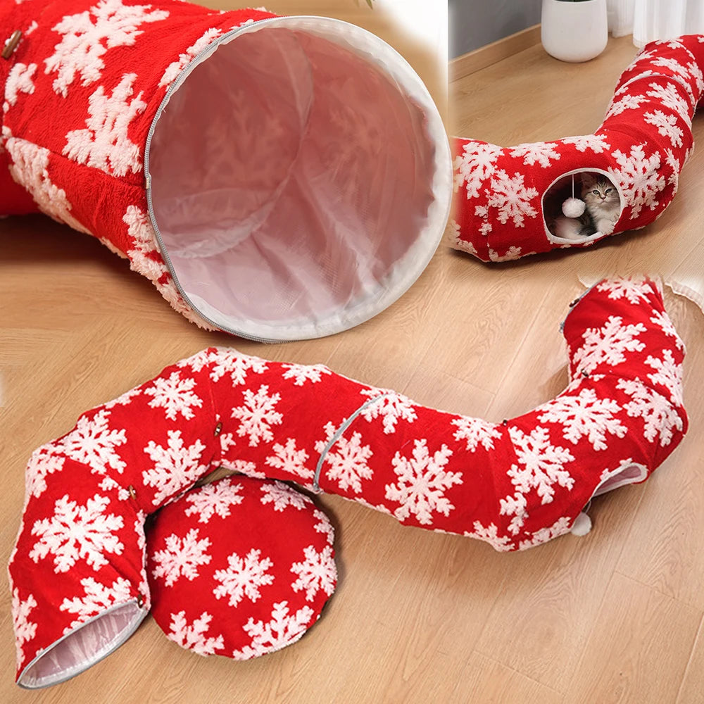 Christmas Round Cat Tunnel Bed for Cats | Plush Donut Pet House |  Winter Sleeping Cave with Interactive Breather Hole
