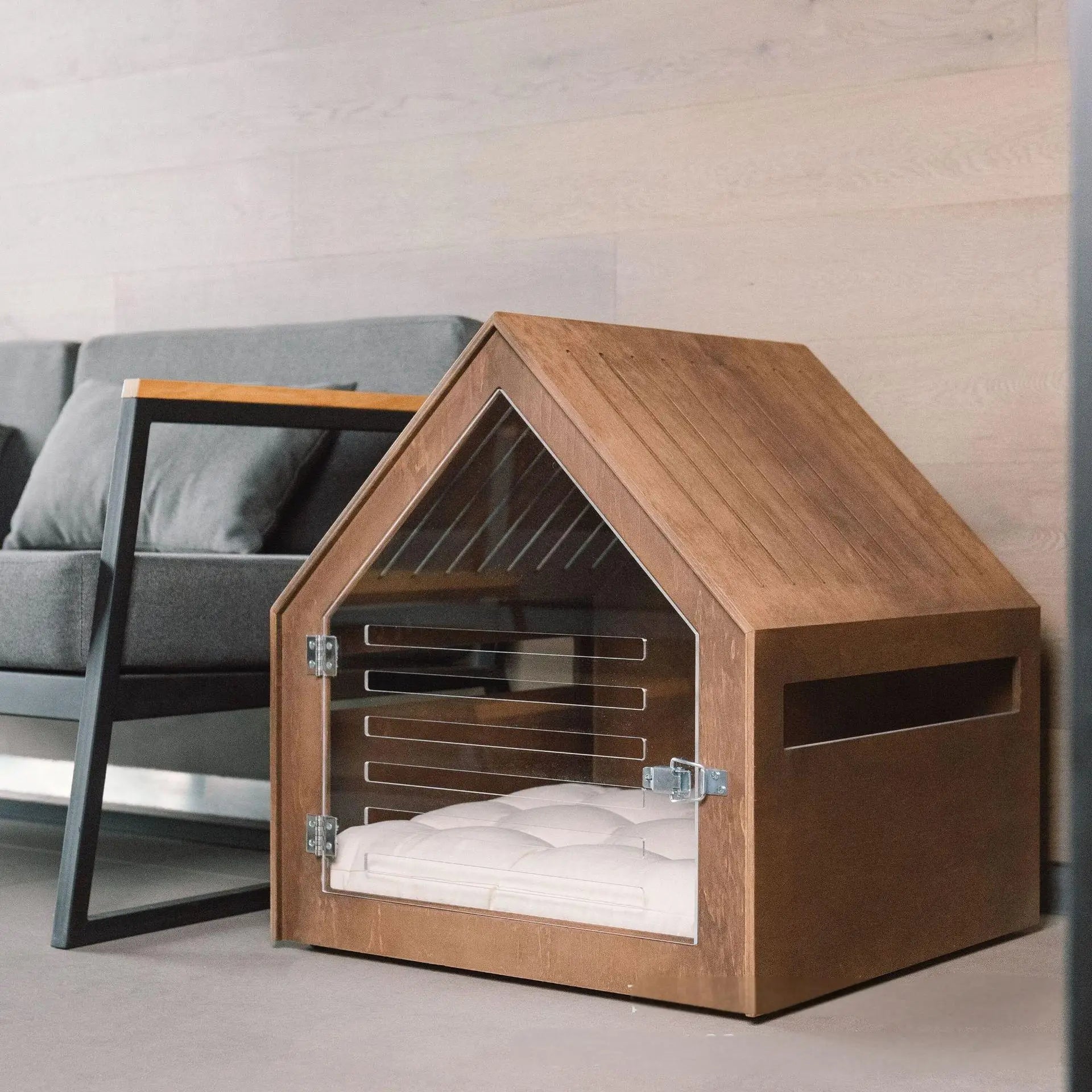 Luxury Solid Wood Dog Bed | Eco-Friendly Pet Cage with Printed Pattern | Horizontal Sliding Door | Modern Triangle Design Pet House