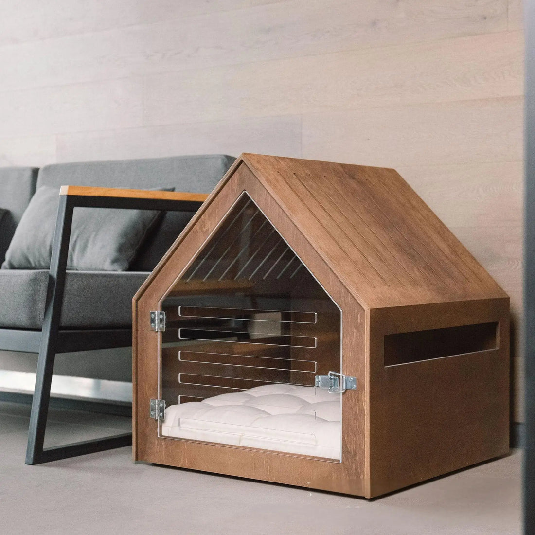 Luxury Solid Wood Dog Bed | Eco-Friendly Pet Cage with Printed Pattern | Horizontal Sliding Door | Modern Triangle Design Pet House