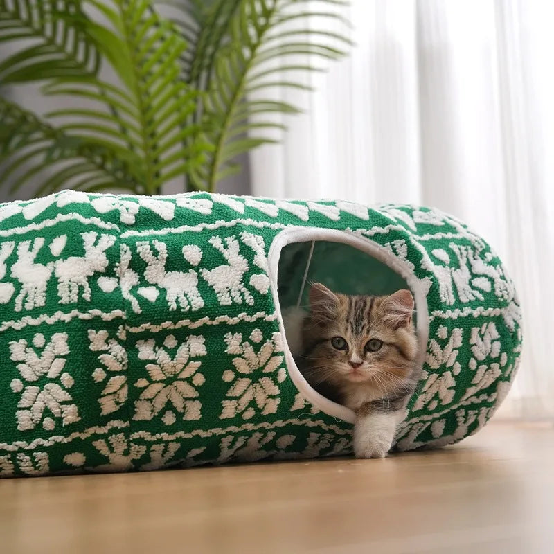 Christmas Round Cat Tunnel Bed for Cats | Plush Donut Pet House |  Winter Sleeping Cave with Interactive Breather Hole