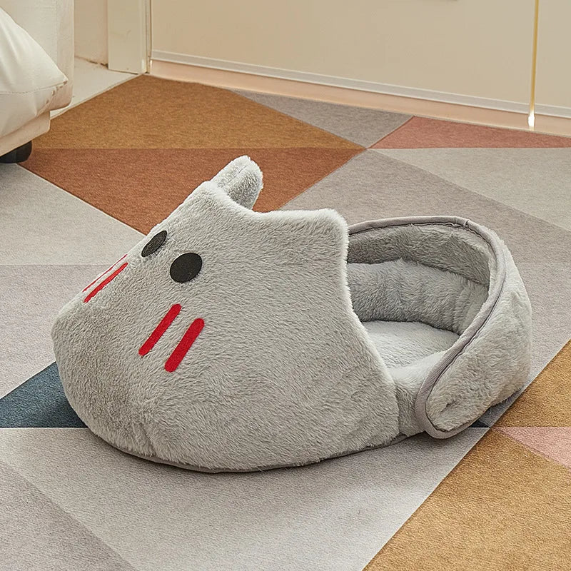 Semi-Enclosed Cat Kennel | Warm Winter Slippers Pet Bed | Breathable Non-Slip Dog & Cat Kennel | All-Season Use | Gray Pet Bed