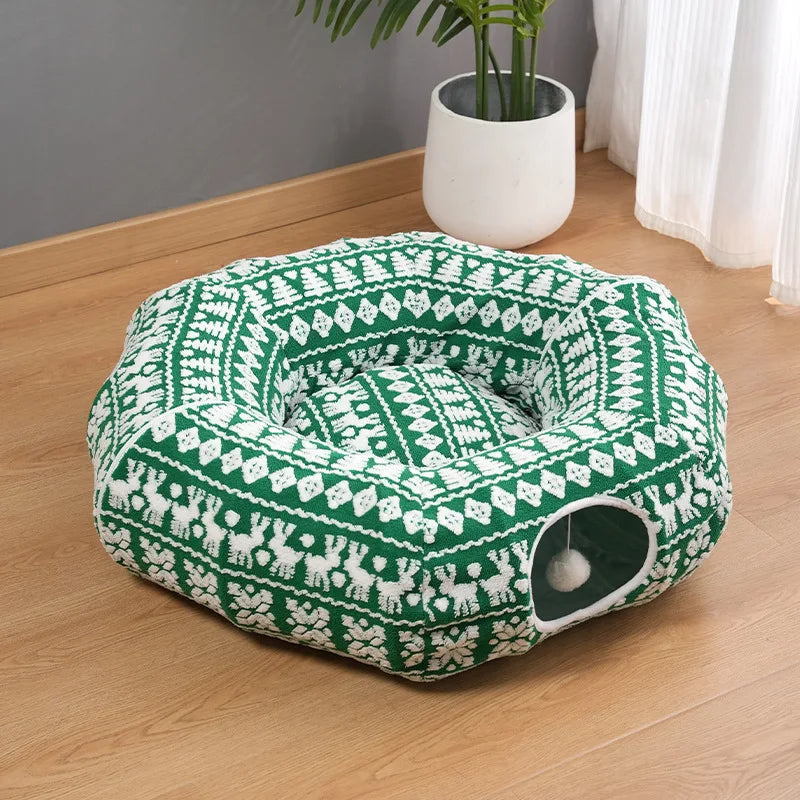 Christmas Round Cat Tunnel Bed for Cats | Plush Donut Pet House |  Winter Sleeping Cave with Interactive Breather Hole